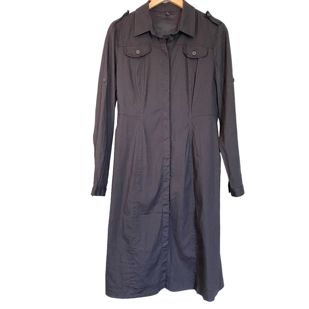 Tahari Linen Button Down Long Shirt Dress Size 8 Black
